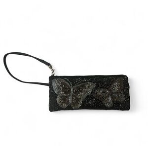 Liz Claiborne Y2K Beaded Butterfly Zippered Wristlet Silver Blue Bronze